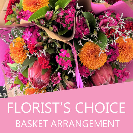 Florist’s Choice basket arrangement Muswellbrook NSW – colourful mixed flowers in woven basket