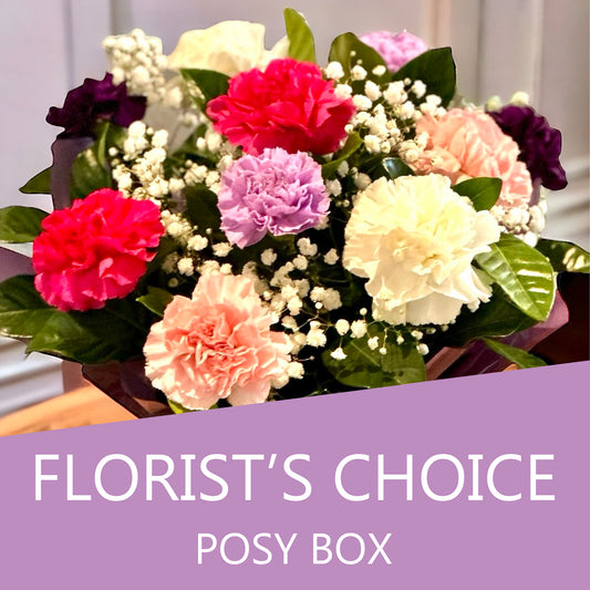 Florist’s Choice posy box Muswellbrook NSW – colourful mixed flowers in decorative box arrangement