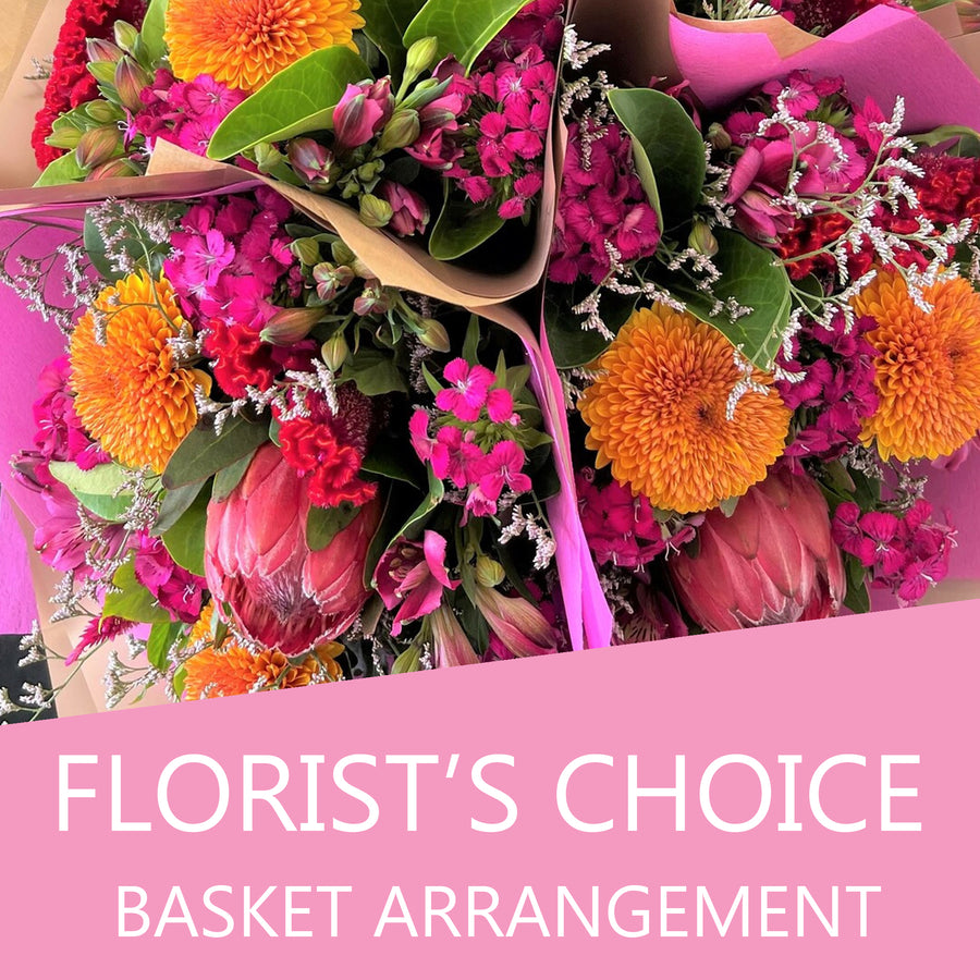 Florist’s Choice basket arrangement with bright seasonal flowers in Muswellbrook