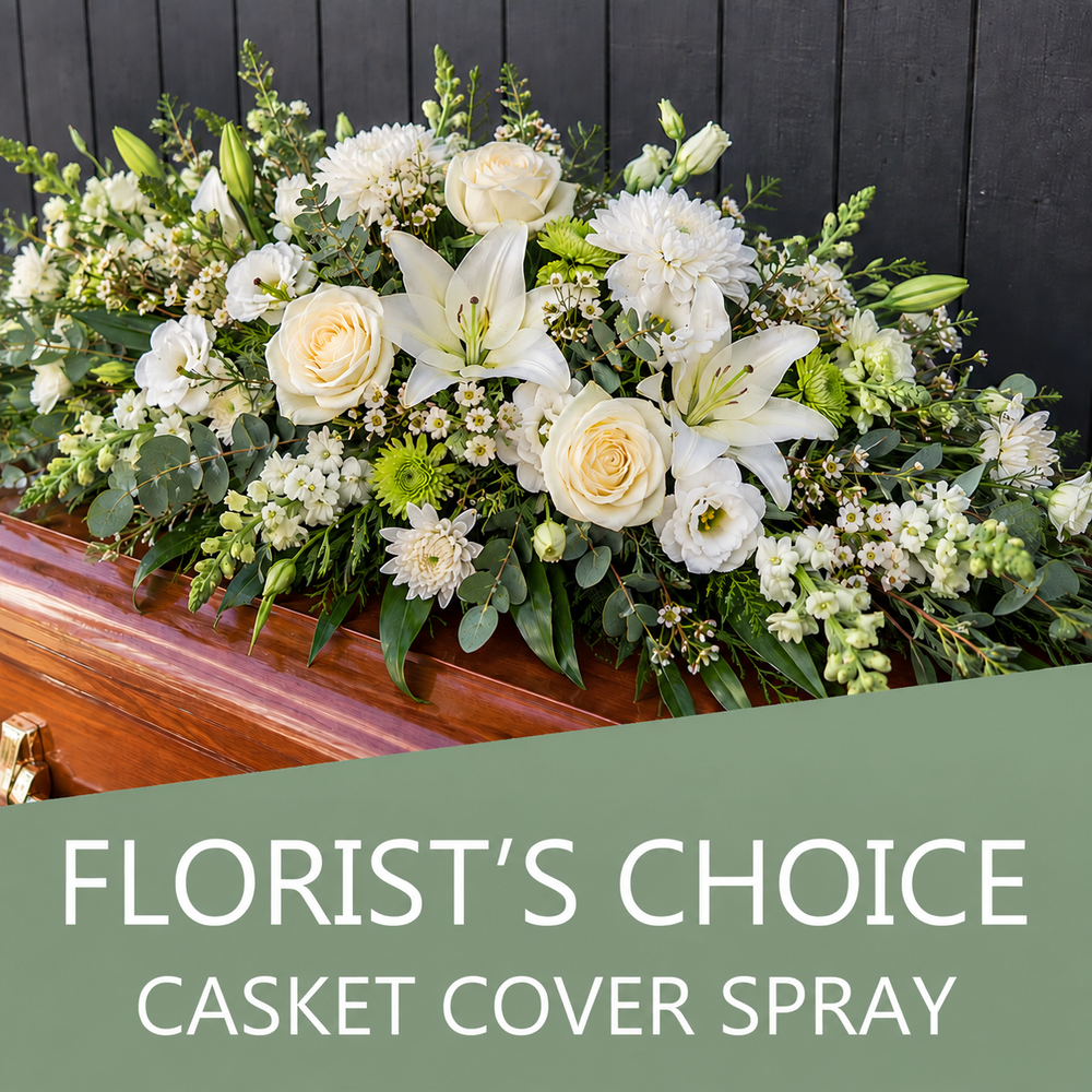 Florist's Choice casket cover spray with white seasonal flowers and greenery by our Muswellbrook florist